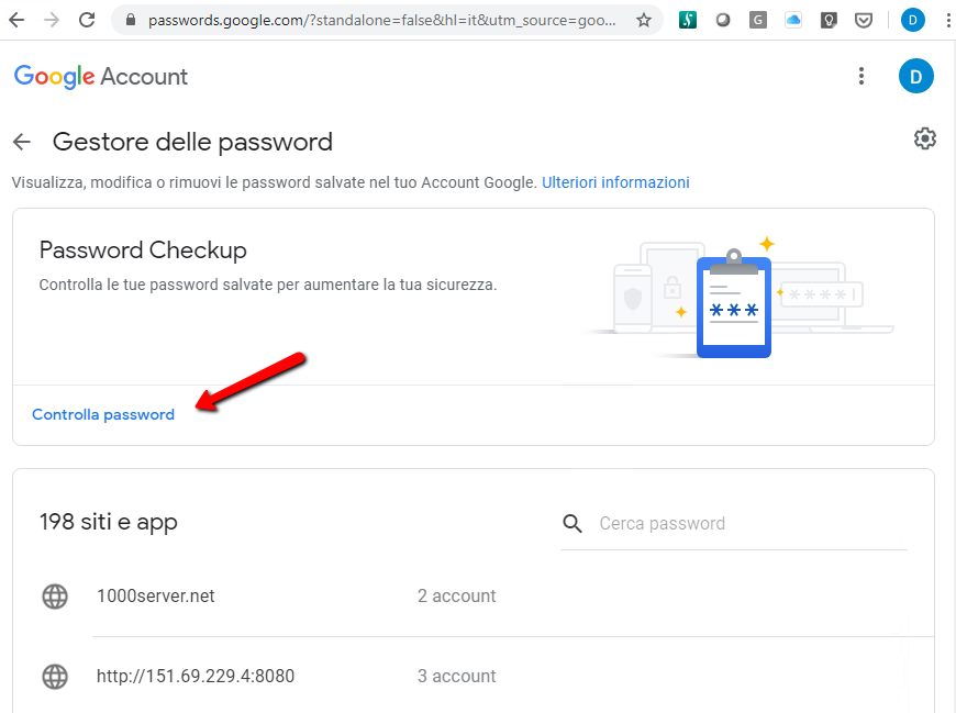 Gestione password Google controllo password