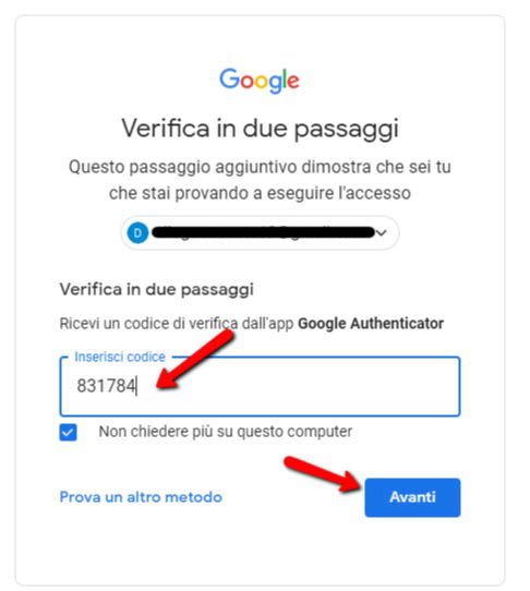 Autenticazione a due fattori app google authenticator accesso finale